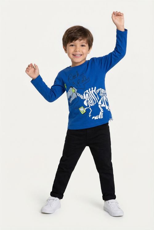 Camiseta Infantil Menino Azul Vibrante Dinossauro Rock & Roll