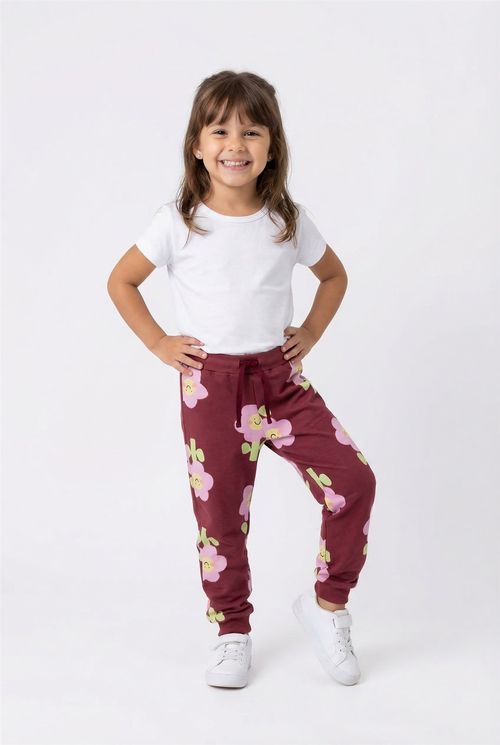 Calça Jogger Infantil Menina Vinho Estampa Flores Sorridentes