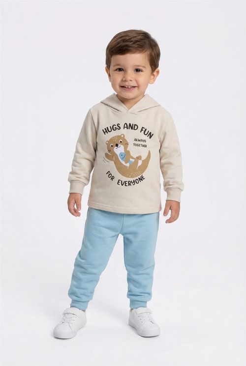 Conjunto Moletom Infantil Menino Bege e Azul Lontra