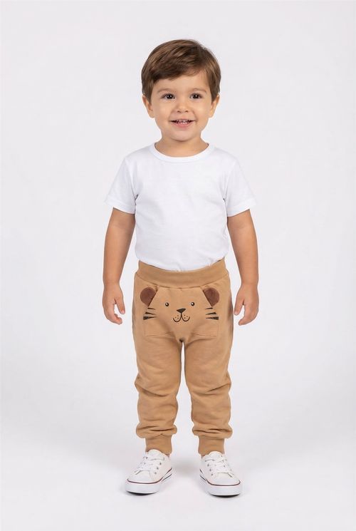 Calça Moletom Infantil Menino Marrom Claro Aplique de Tigre
