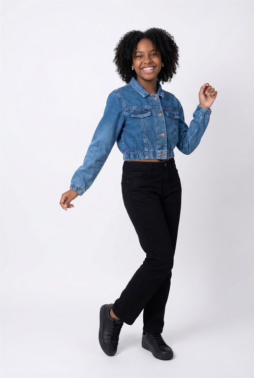 Jaqueta Jeans Cropped Infantil Menina Azul Médio Juvenil