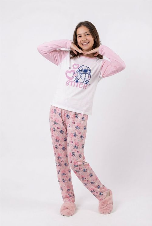 Pijama Conjunto Infantil Menina Rosa e Branco Stitch Corações