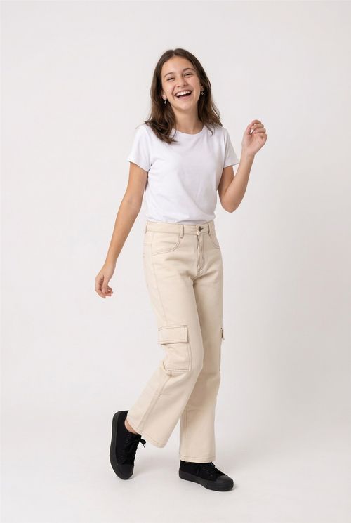 Calça Jeans Wide Leg Cargo Juvenil Menina Off-White