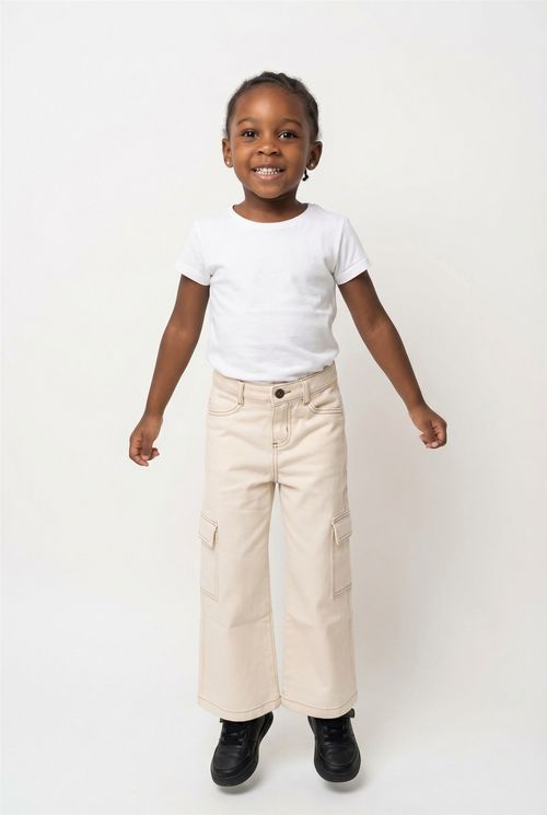 Calça Infantil Wide Leg Cargo Jeans Off-White