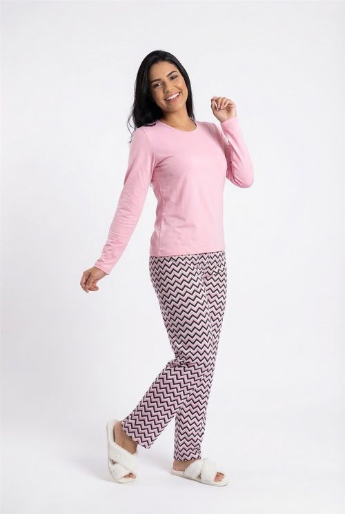 Pijama Feminino Blusa Rosa Calça Chevron