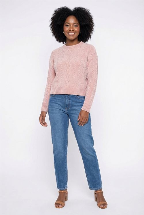 Suéter Feminino Rosa Claro Tricot Trançado
