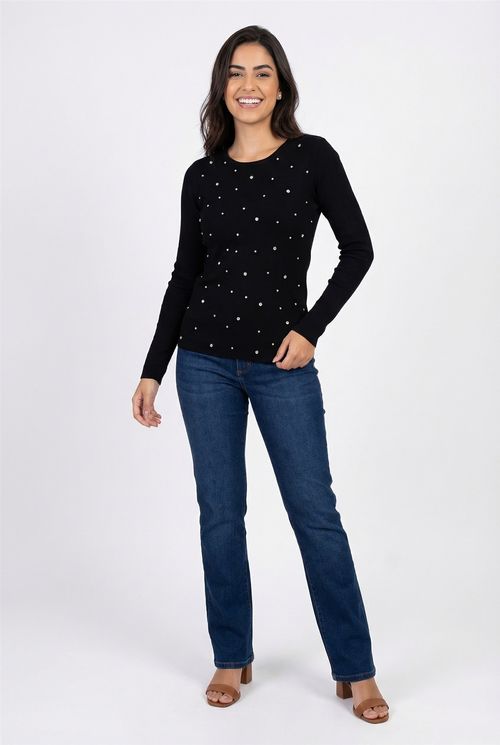 Suéter Tricô Feminino Preto com Strass Brilhante