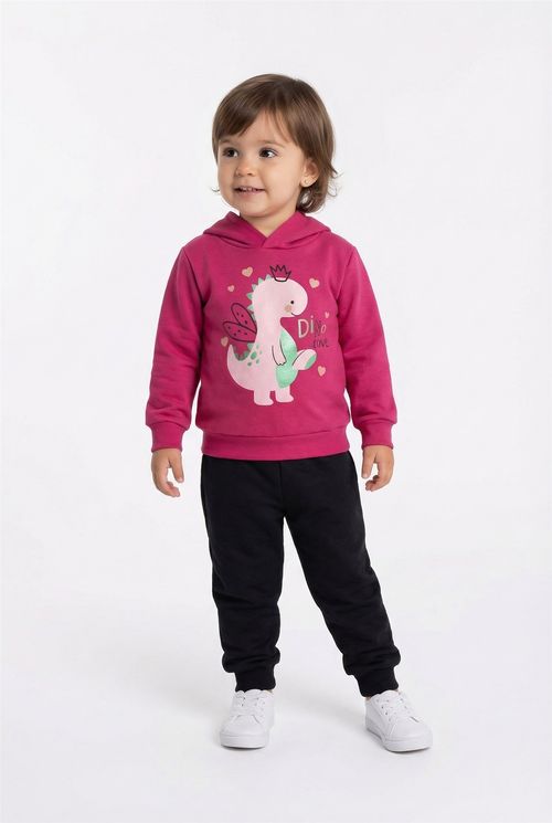 Conjunto Moletom Infantil Menina Rosa Escuro e Preto Dino Love
