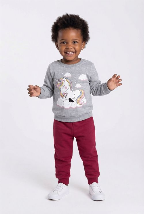 Conjunto Infantil Menina Cinza e Bordô Unicórnio