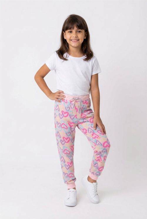 Calça Jogger Infantil Menina Rosa Claro Corações Mágicos Tons Pastéis