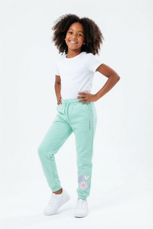 Calça Jogger Infantil Menina Verde Menta Flores e Coração