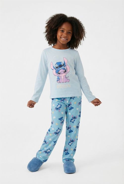Pijama Conjunto Infantil Menina Azul Claro Stitch e Angel Corações