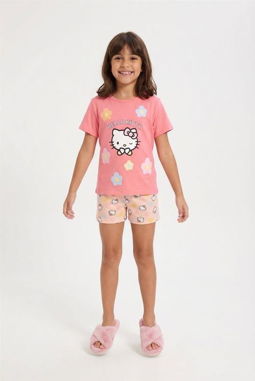 Pijama Infantil Menina Coral e Pêssego Hello Kitty Floral
