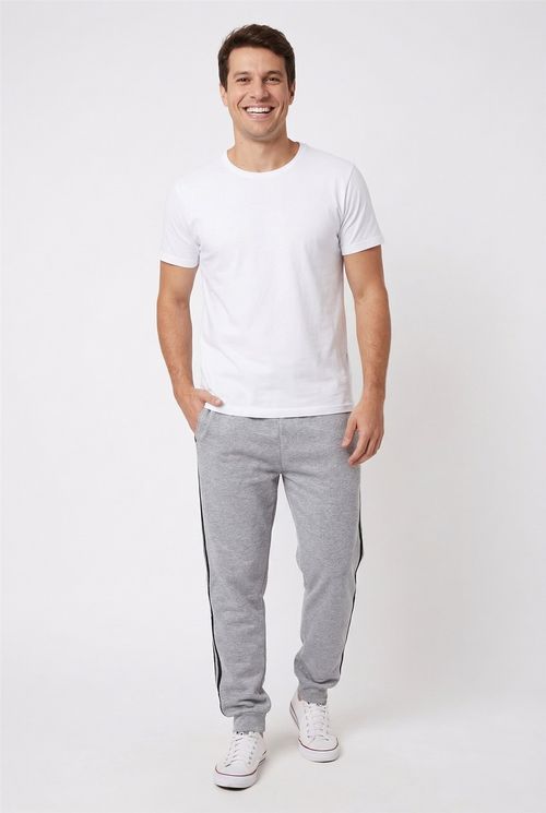 Calça Jogger Masculina Cinza Mescla com Faixa Lateral