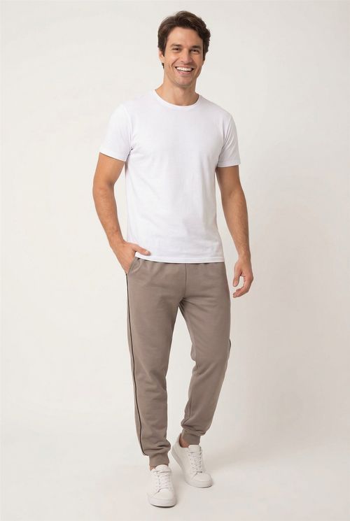 Calça Jogger Masculina Bege com Faixa Lateral Preta
