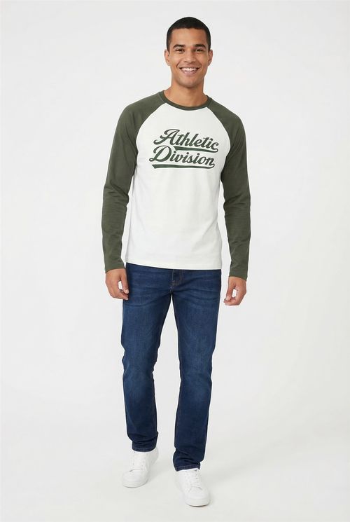 Camiseta Manga Longa Masculina Off-White e Verde Escuro Athletic
