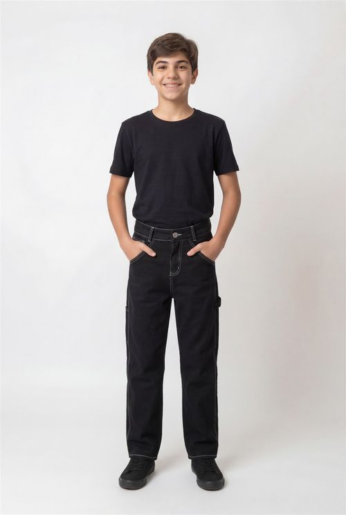 Calça Jeans Juvenil Preta Costura Contraste Branca