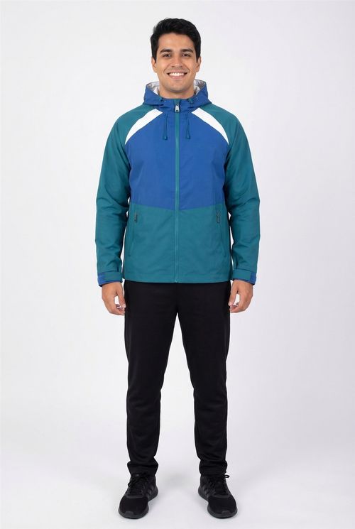 Jaqueta Masculina Color Block Azul e Verde com Capuz