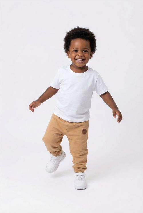 Calça Moletom Infantil Bege Escuro Aplique de Urso