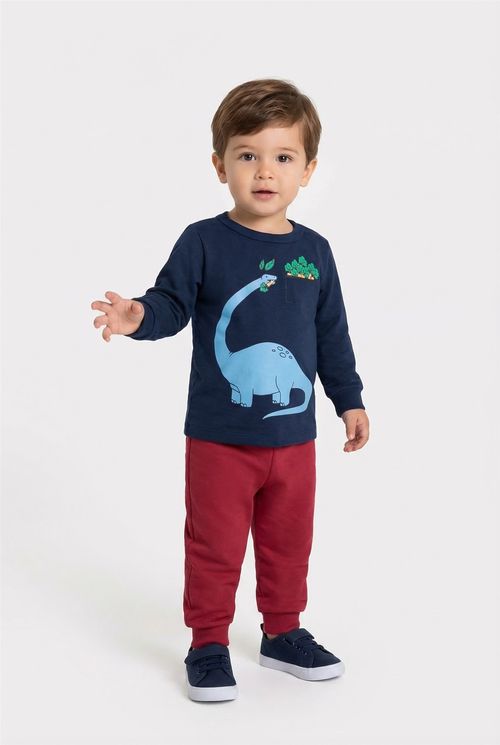 Conjunto Infantil Menino Azul Marinho/Vermelho Dinossauro
