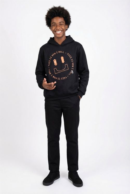 Moletom com Capuz Infantil Preto Estampa 'This is How I Roll' Skate