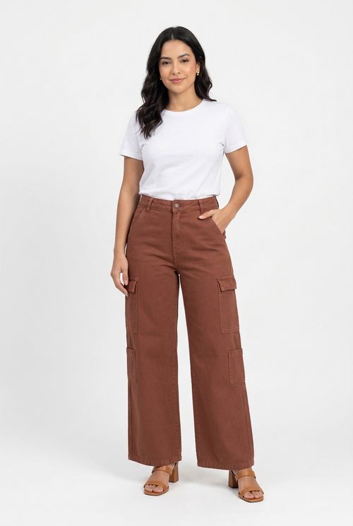 Calça Wide Leg Cargo Feminina Caramelo