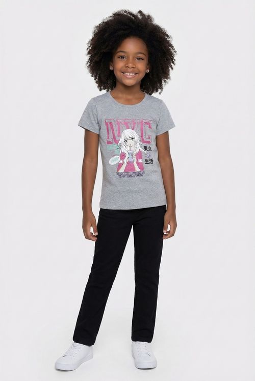 Blusa Infantil Menina Cinza Mescla Juvenil Anime NYC