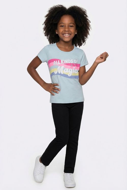 Blusa Infantil Menina Azul Claro Arco-íris e Estrelas