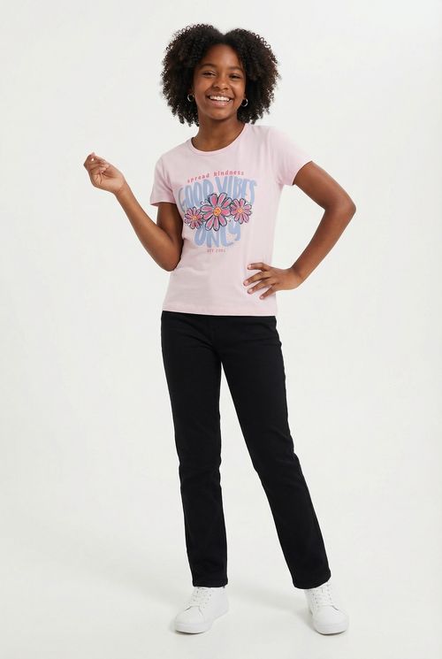 Blusa Infantil Menina Rosa Claro Good Vibes Only Flores