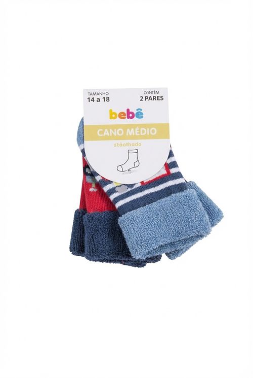 Kit Meias Infantil Menino Bebê Cano Médio Carros e Listras 2 Pares