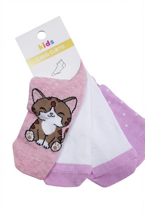 Meias Cano Curto Infantil Menina Rosa, Branco e Roxo Gatinho