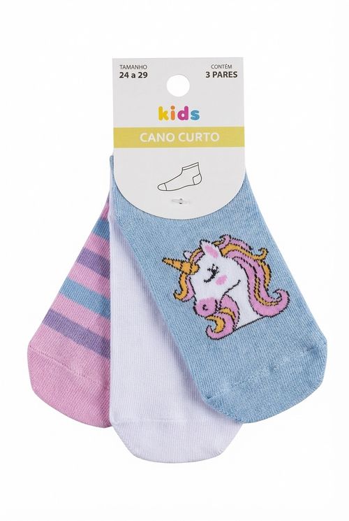 Kit Meias Infantil Menina 24-29 Unicórnio, Listras e Liso