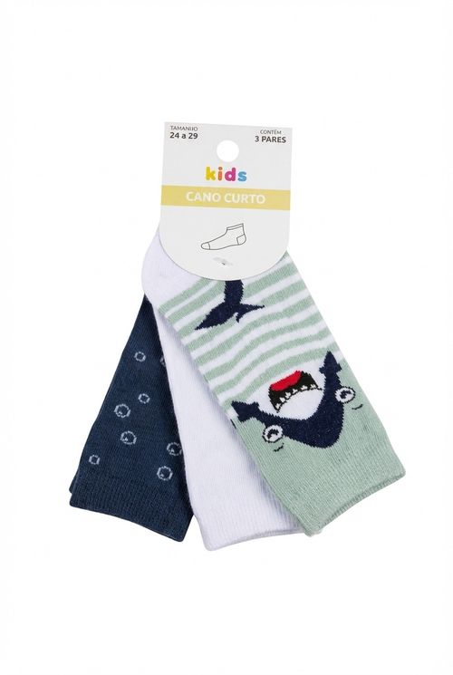 Kit 3 Pares Meias Infantil Cano Curto 24-29 Tubarão Bolhas