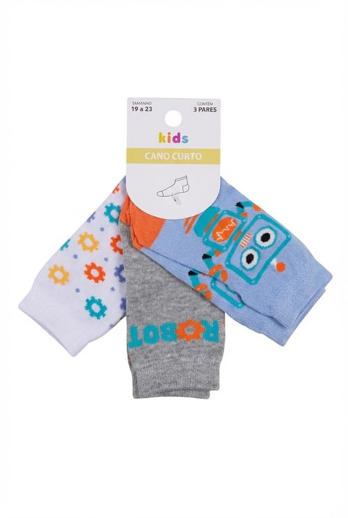 Kit 3 Pares de Meias Cano Curto Infantil Menino 19-23 Robôs e Engrenagens