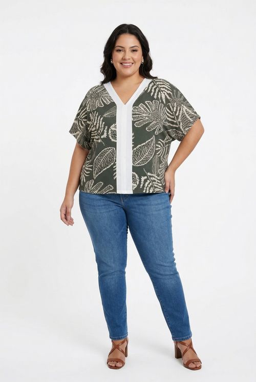 Blusa fem fpm fgl227 m/c estampad folhas estampado