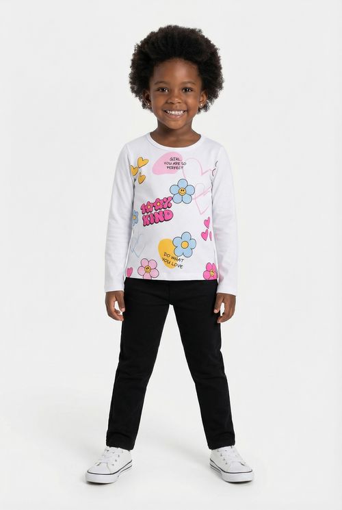 Blusa Manga Longa Infantil Menina Branca Flores Mensagens