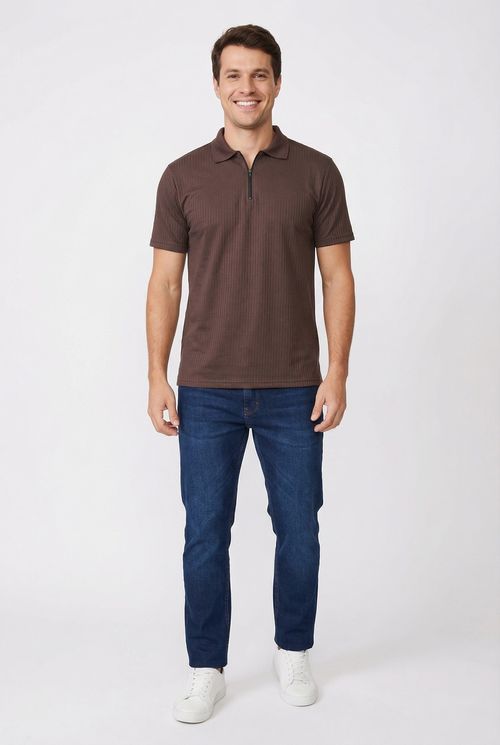 Polo masc casual text ziper marrom marrom escuro