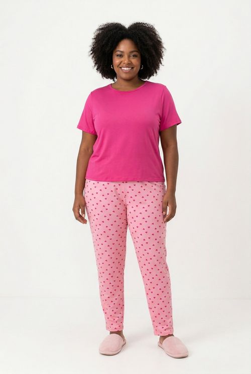 Pijama Conjunto Feminino Blusa Fúcsia Calça Rosa Corações