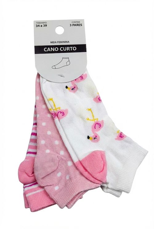 Kit 3 Pares Meias Cano Curto Femininas Rosa Flamingos Poá Listras