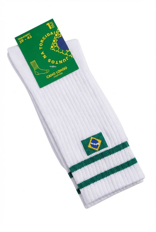 Meia Longa Masculina Branca Listras Verdes Bandeira Brasil