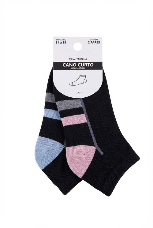Kit Meia Feminina Cano Curto Atoalhada Preto Listras Adulto