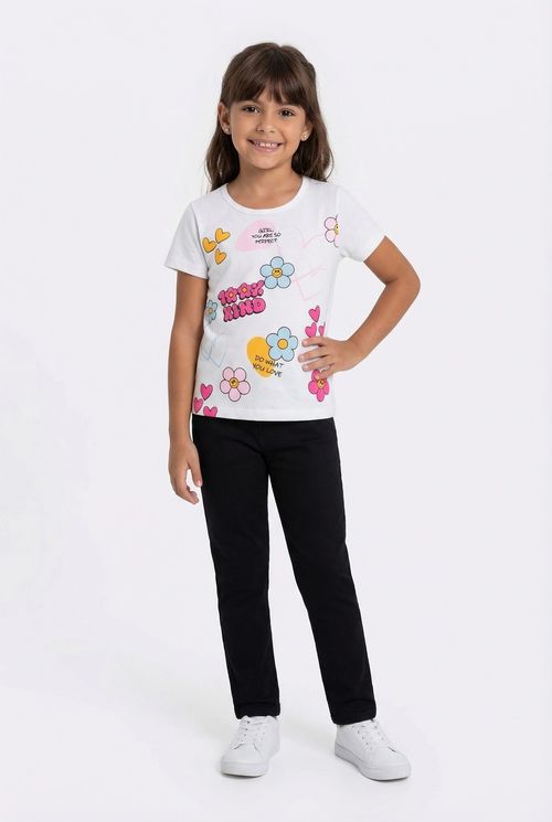 Blusa Infantil Menina Off White Estampa Floral Corações Frases