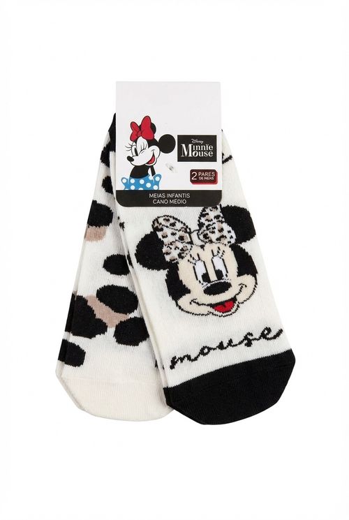 Meias Kit 2 Pares Infantil Menina Preto/Branco Minnie Onça