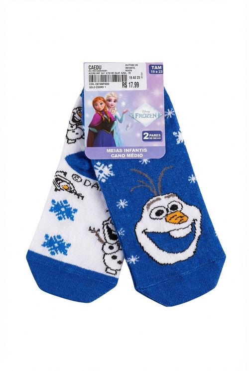 Meias Infantil Azul e Branco Estampa Olaf Frozen Kit 2 Pares