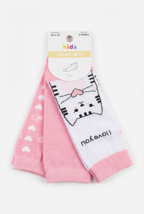 Meias Infantil Menina Rosa e Branco 30-33 Gatinho Fofo e Corações