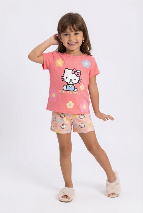 Pijama Conjunto Infantil Menina Coral Hello Kitty Flores