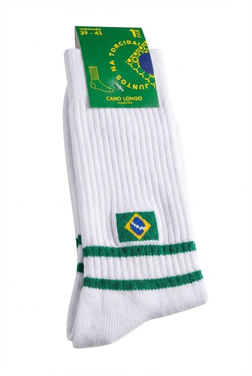 Meia Masculina Branca 39-43 Faixas Verdes Brasil