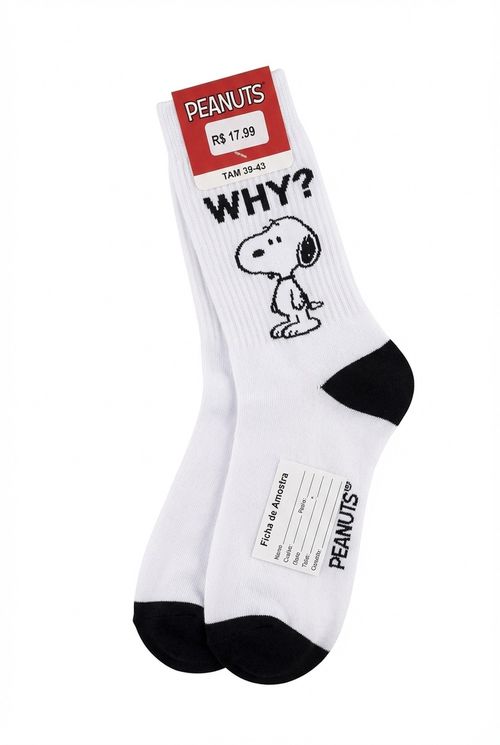 Meia Masculina Branca Adulto Snoopy 'WHY?' Estampada