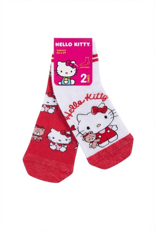 Meias Femininas Branco e Vermelho 34-39 Hello Kitty