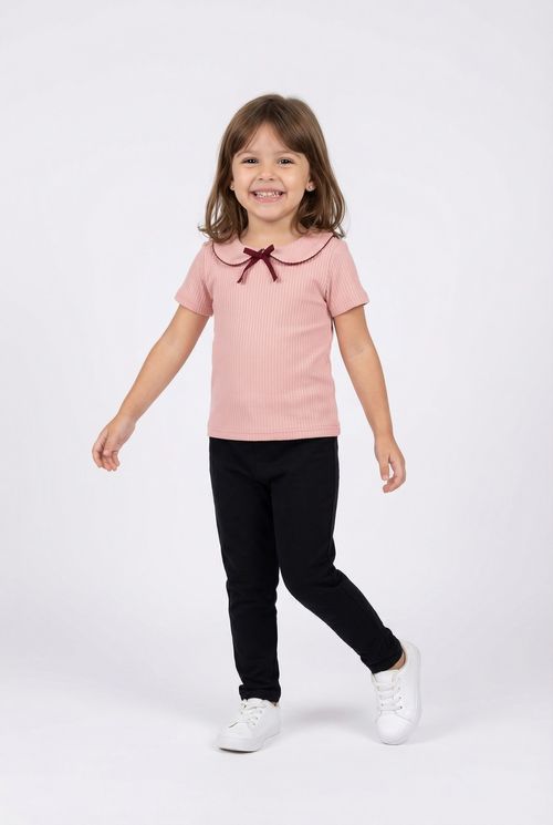 Blusa Infantil Menina Rosa Rosê Canelada Gola Peter Pan Laço Bordô